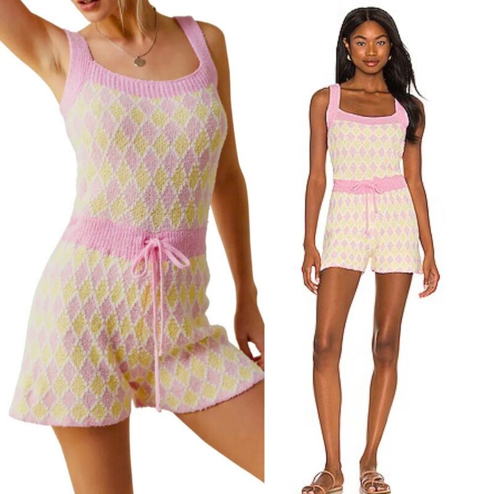 NEW Free People Dream Diamonds Boucle Soft Romper Pink Combo Lg Barbiecore Twee